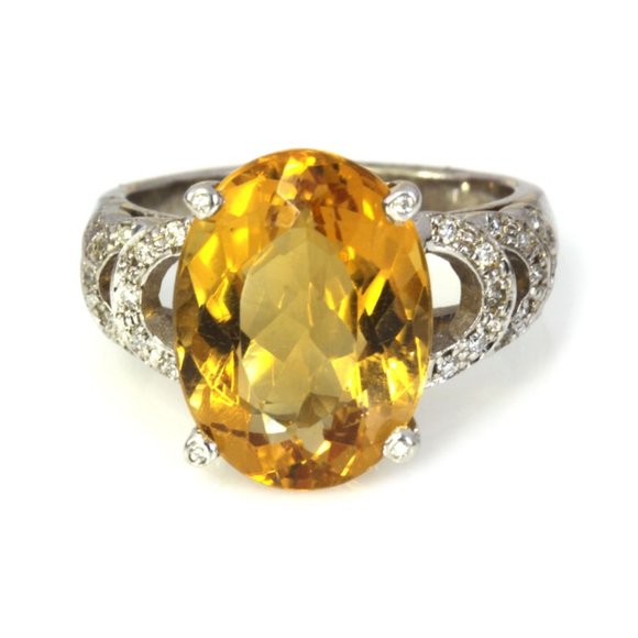 7.2 ctw Natural Yellow Citrine & Diamond Cocktail Ring 14K White Gold - Picture 4 of 7